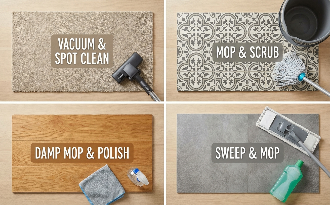 Various cleaning methods are displayed: vacuuming and mopping, scrubbing tiles, and polishing surfaces for effective home care.