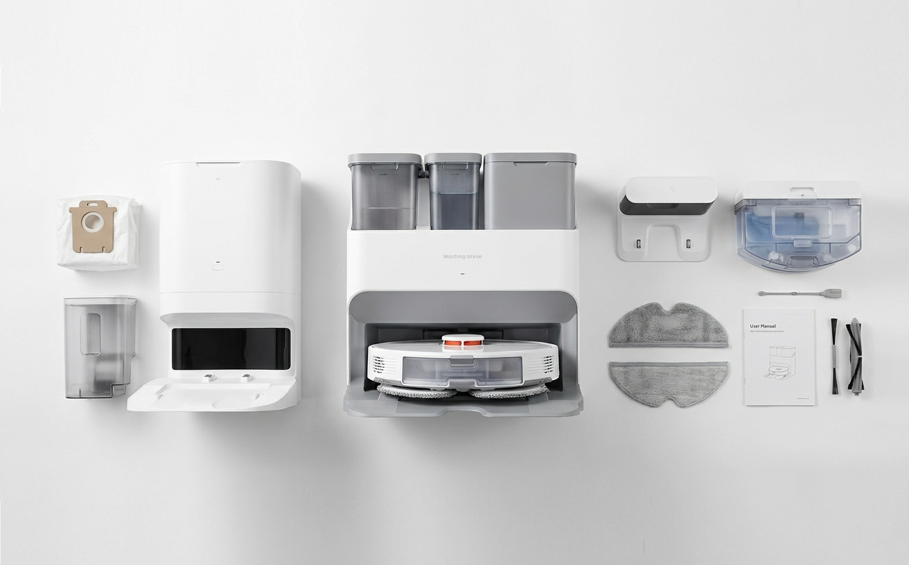 A collection of an innovative robot vacuum with additional accessories, perfect for a robot vacuum sale.