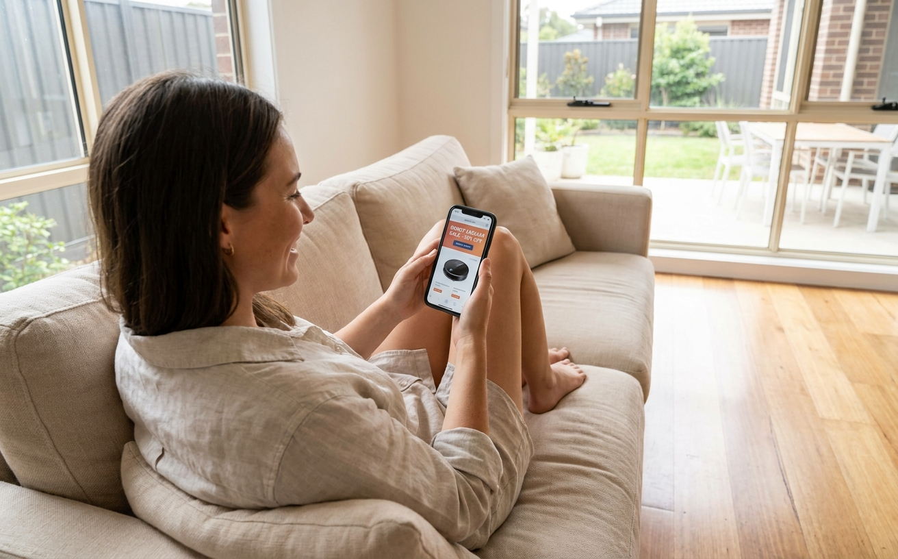 A woman relaxes on a sofa, browsing a smartphone promoting a robot vacuum sale with a discount offer displayed.