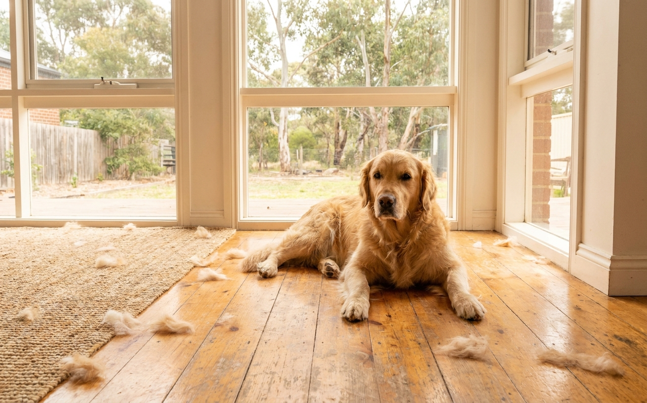 A golden retriever lies on a wooden floor with dog hair scattered around, highlighting the need for a robot vacuum sale.