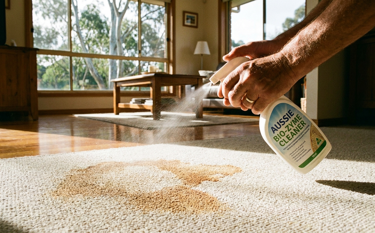 A hand sprays cleaner on a carpet stain, targeting methods to kill dog urine smell effectively in a bright room.