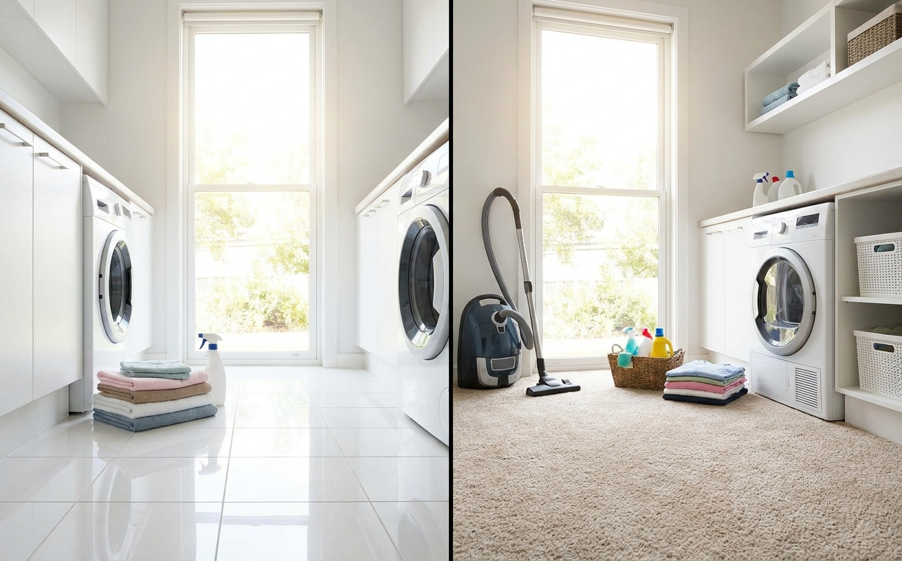 A clean laundry room with stacked towels and cleaning supplies, essential for effectively managing dog urine smell.