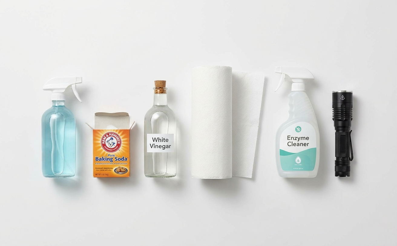 Various cleaning supplies including enzyme cleaner and vinegar, useful to kill dog urine smell effectively.