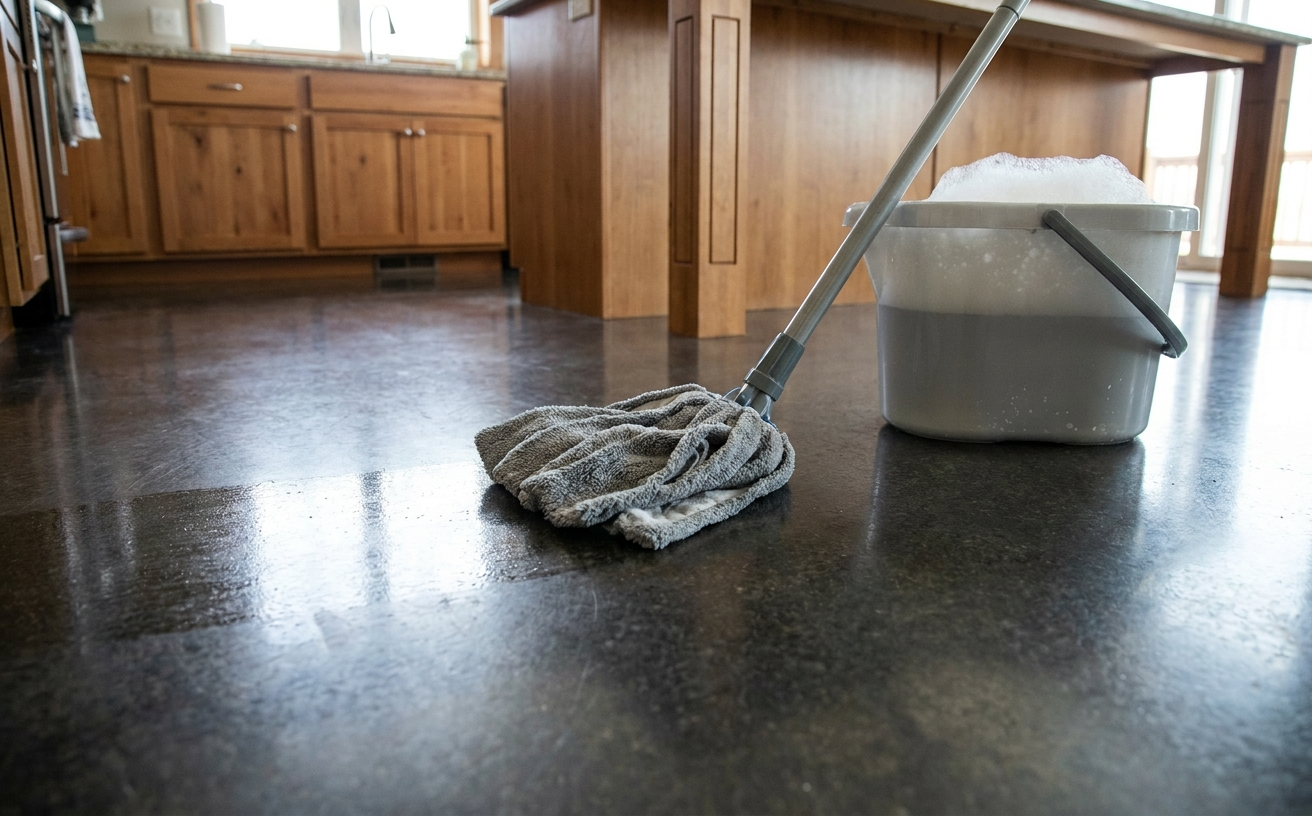 A clean concrete floor with a mop and bucket, demonstrating how to clean concrete effectively in a kitchen setting.