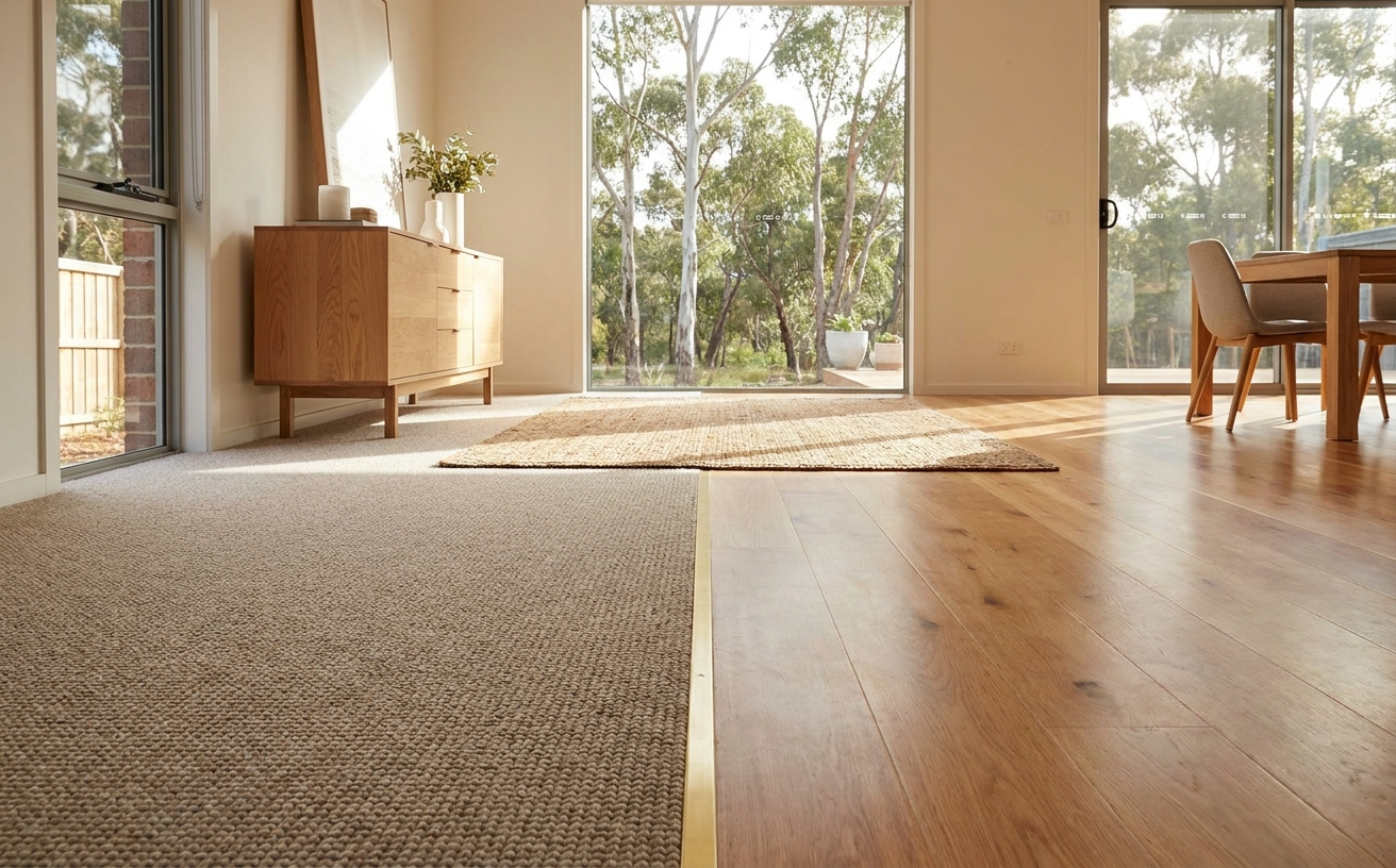 A cozy living space with natural light, featuring a wooden sideboard and area rugs, ideal for vacuuming.