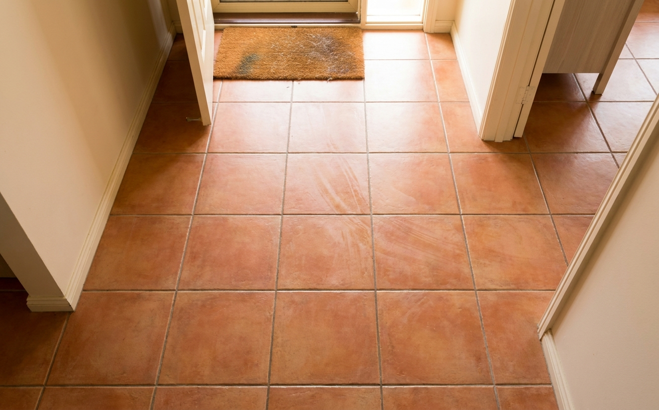 A clean tiled floor welcomes guests, showing signs of recent vacuuming, with a doormat near the entrance.