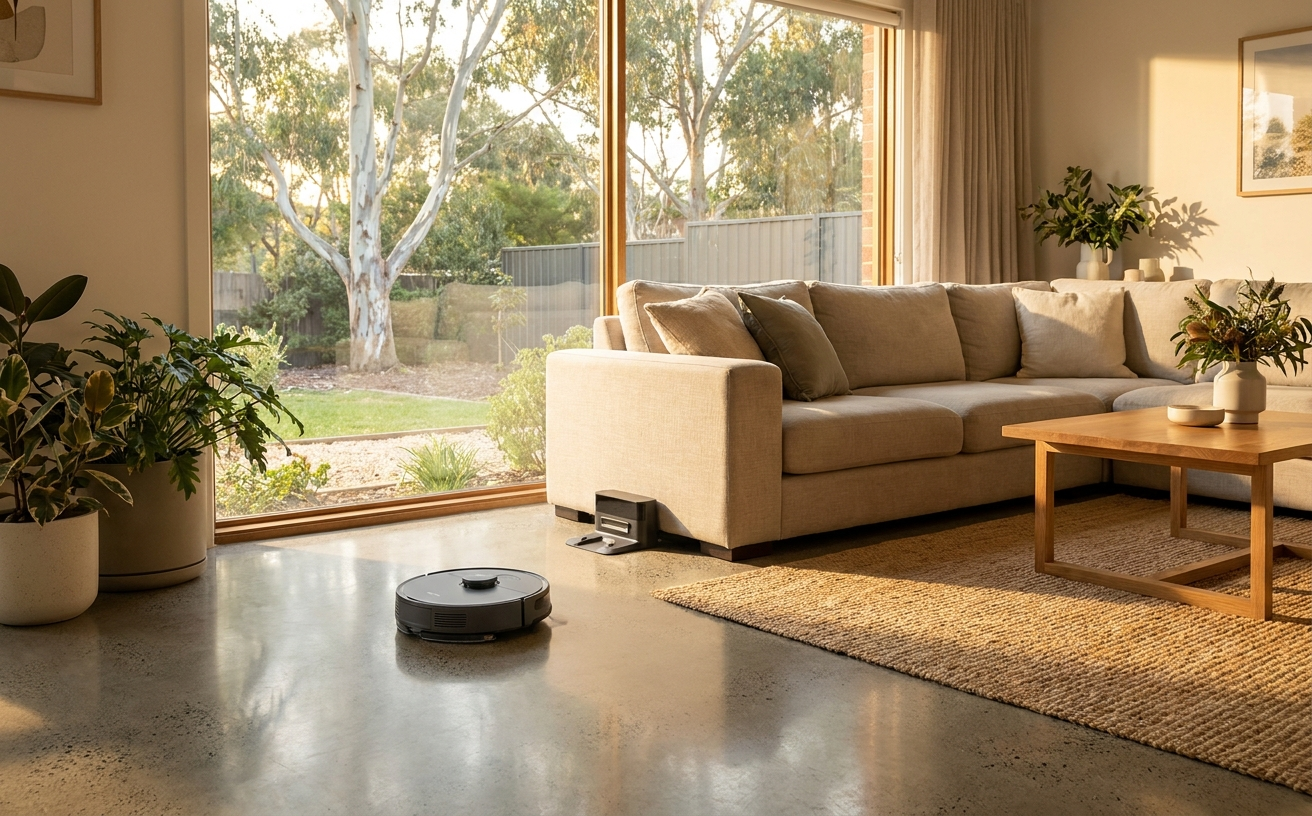 A robotic vacuum is quietly cleaning the floor in a modern living room filled with natural light and greenery.