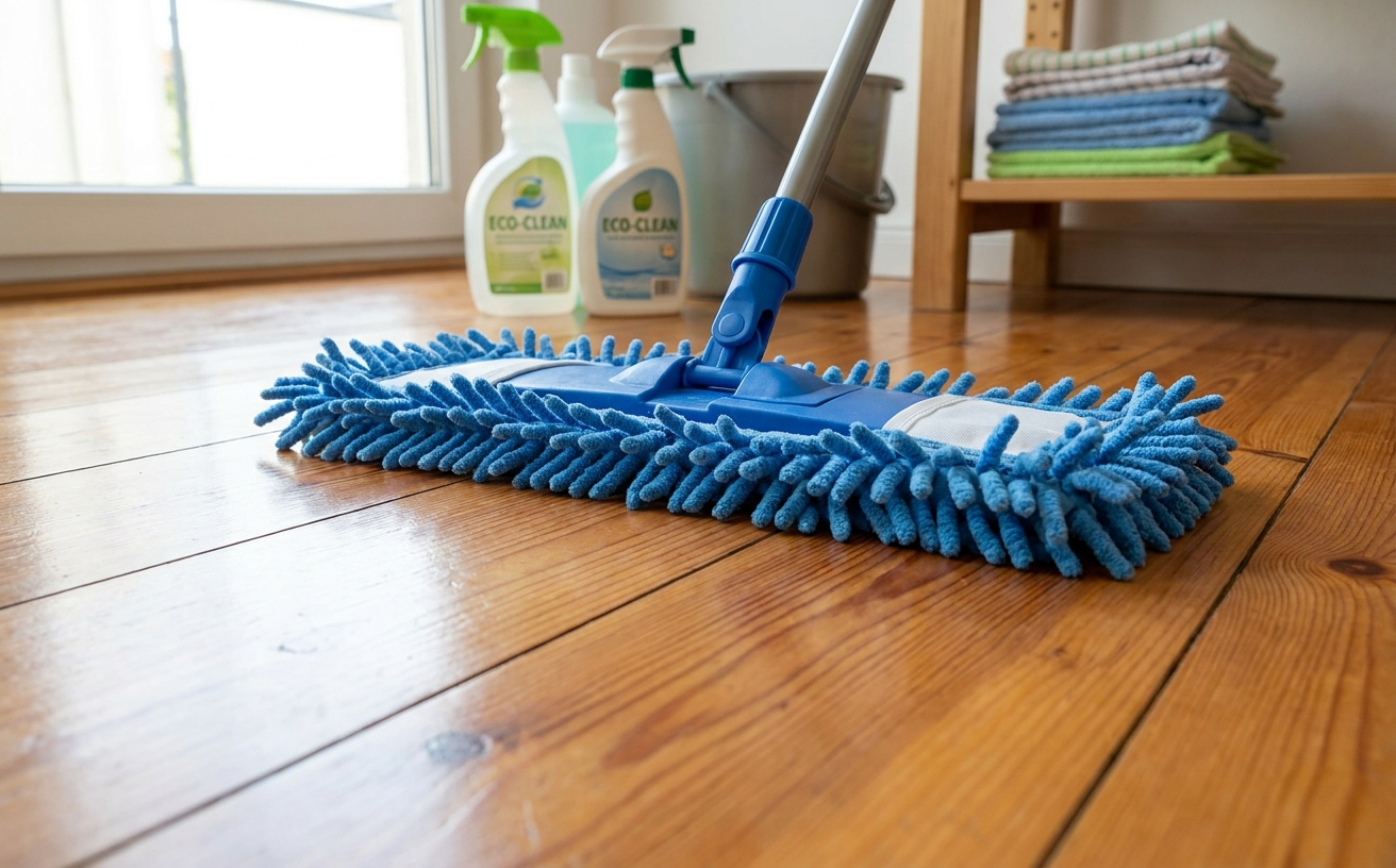 A close-up of a blue mop on polished wooden floors, showcasing tools for how to clean wooden floors effectively.