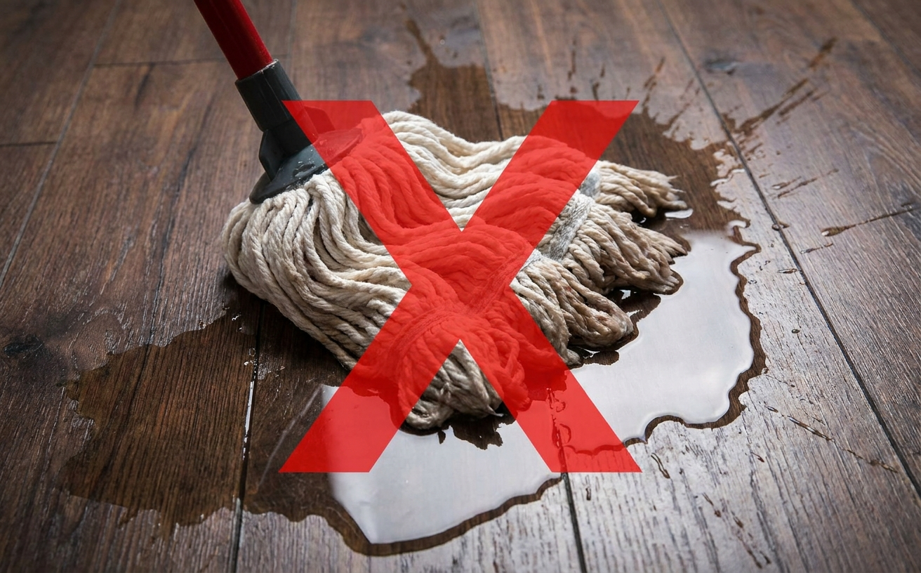 A mop lies on wooden floors with water stains, illustrating improper techniques in how to clean wooden floors effectively.