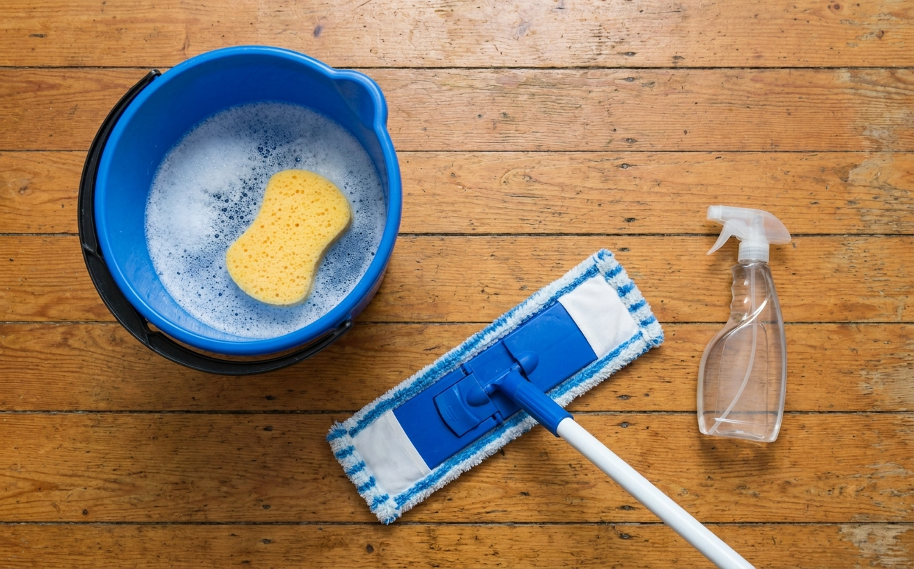 A blue bucket with a sponge, a mop, and a spray bottle on wooden floors, illustrating how to clean wooden floors effectively.