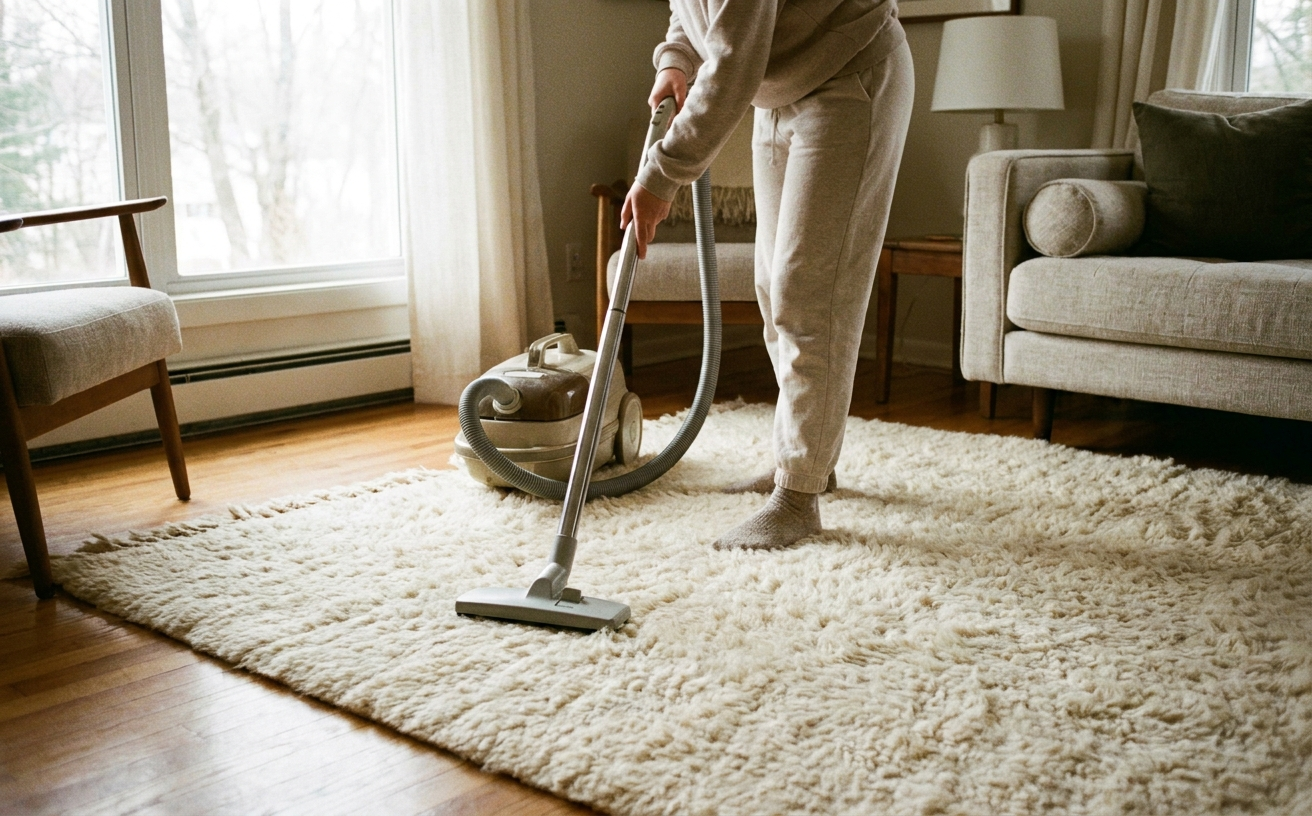 A person vacuums a wool rug in a cozy living room, demonstrating how to clean a wool rug effectively.