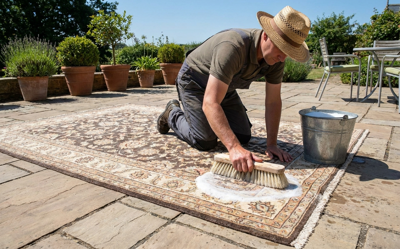 A man scrubs a wool rug outside, demonstrating effective techniques on how to clean a wool rug.