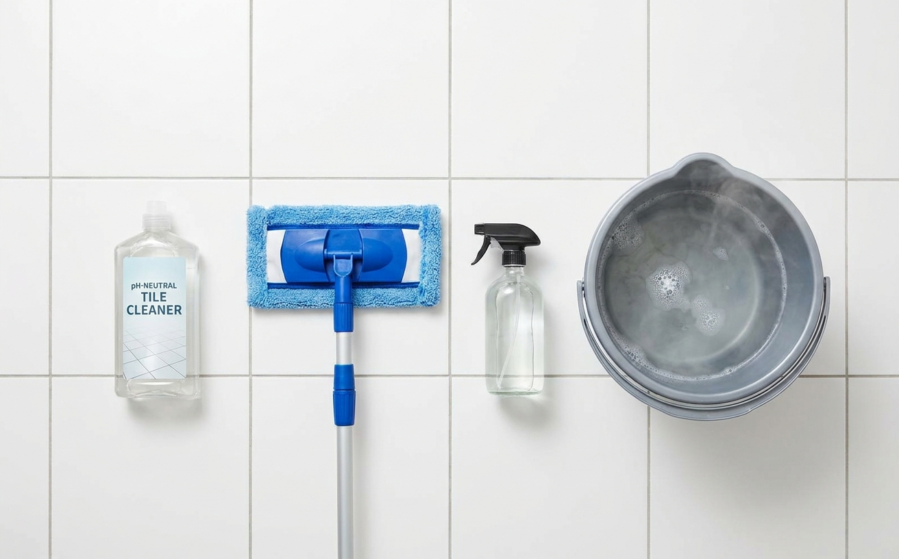 A flat mop, cleaning solutions, and a bucket are arranged neatly for washing tile floors.