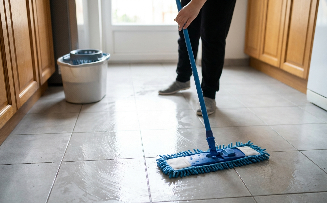 A person is washing tile floors with a blue mop, while a bucket sits nearby, creating a clean environment.