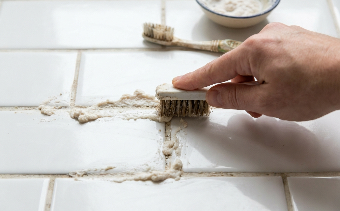 A hand brushes grout on tile floors, demonstrating effective techniques for washing tile floors and maintaining cleanliness.
