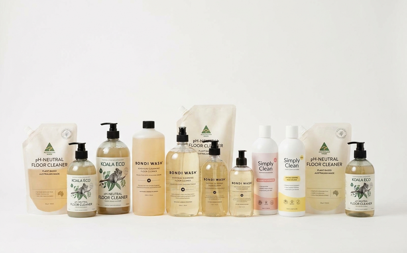 Various eco-friendly floor cleaners displayed, ideal for learning how to clean bamboo floors effectively.