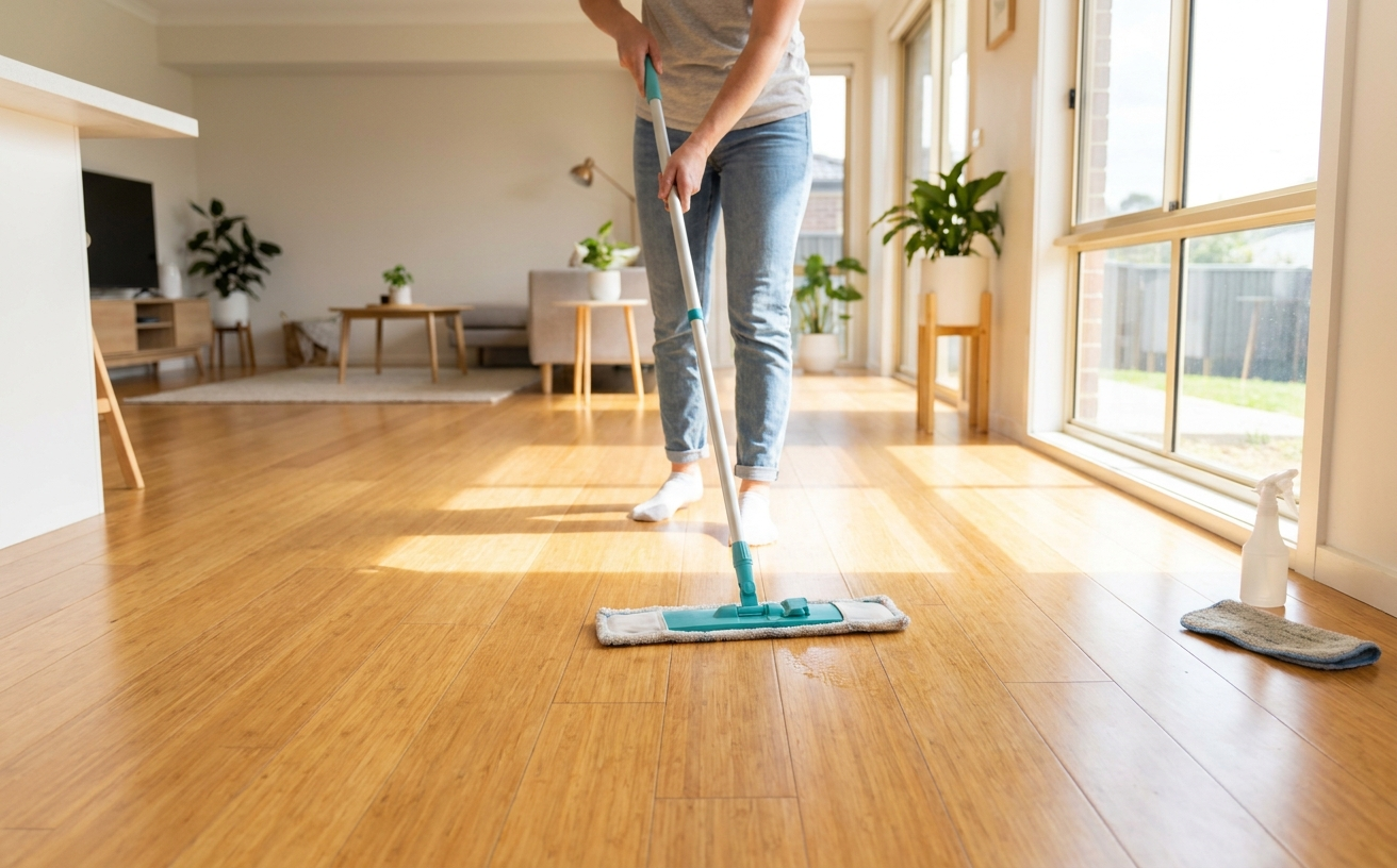 A person mops bamboo floors in a bright, airy living room, demonstrating how to clean bamboo floors effectively.