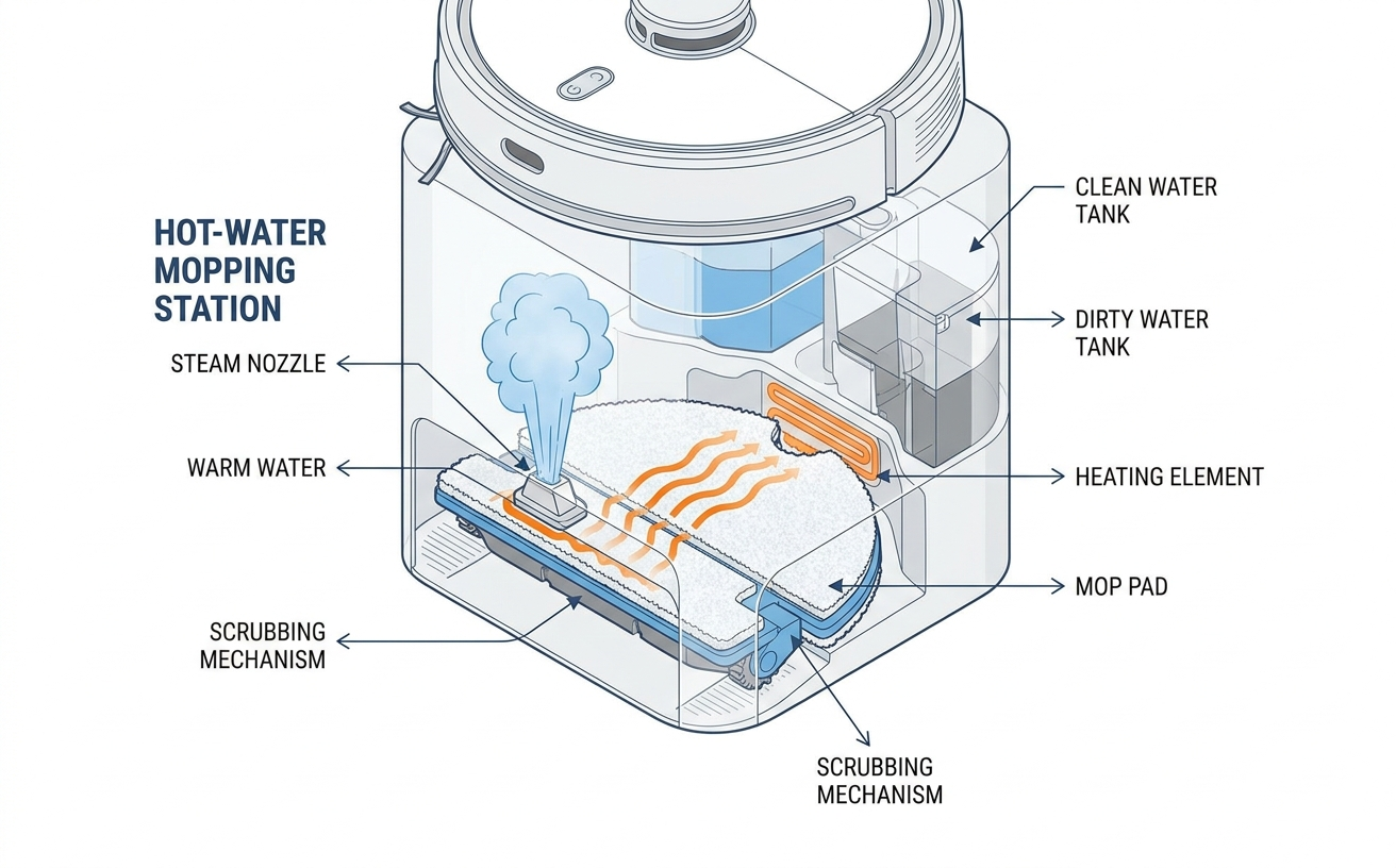 Diagram of a hot-water mopping station showing components like the steam nozzle, dirty water tank, and scrubbing mechanism for an automatic vacuum cleaner.