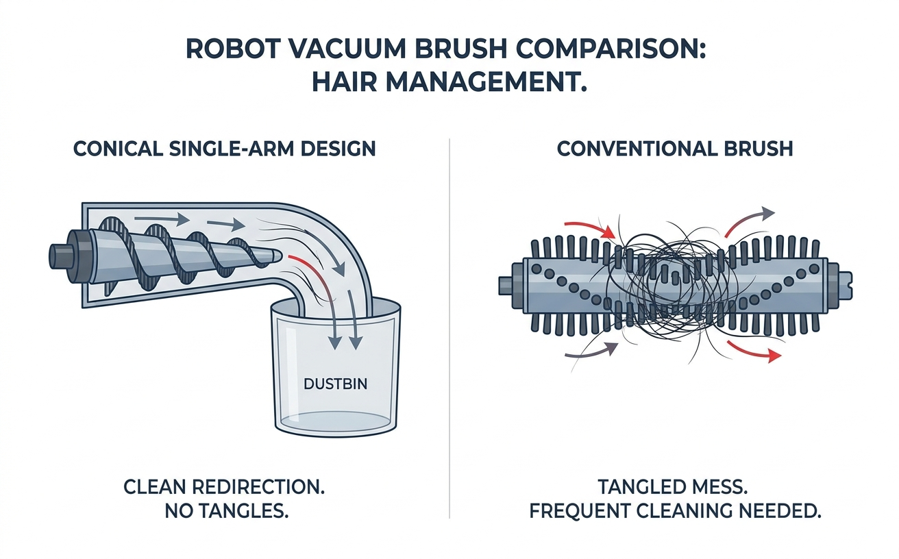 Comparison of robot vacuum brush designs: the conical single-arm offers tangle-free cleaning, unlike conventional brushes.