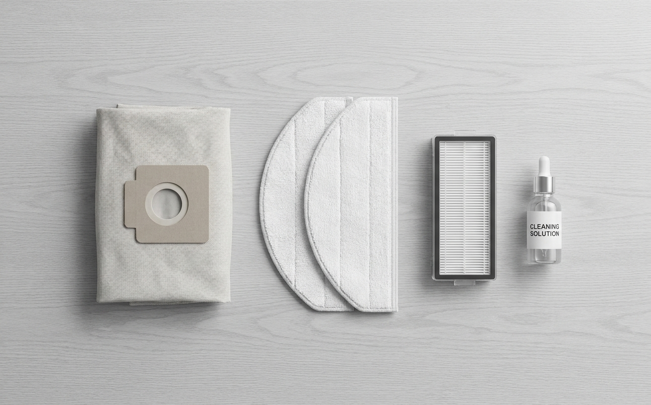 Various accessories for an automatic vacuum cleaner, including filters, pads, and a cleaning solution bottle, arranged neatly.