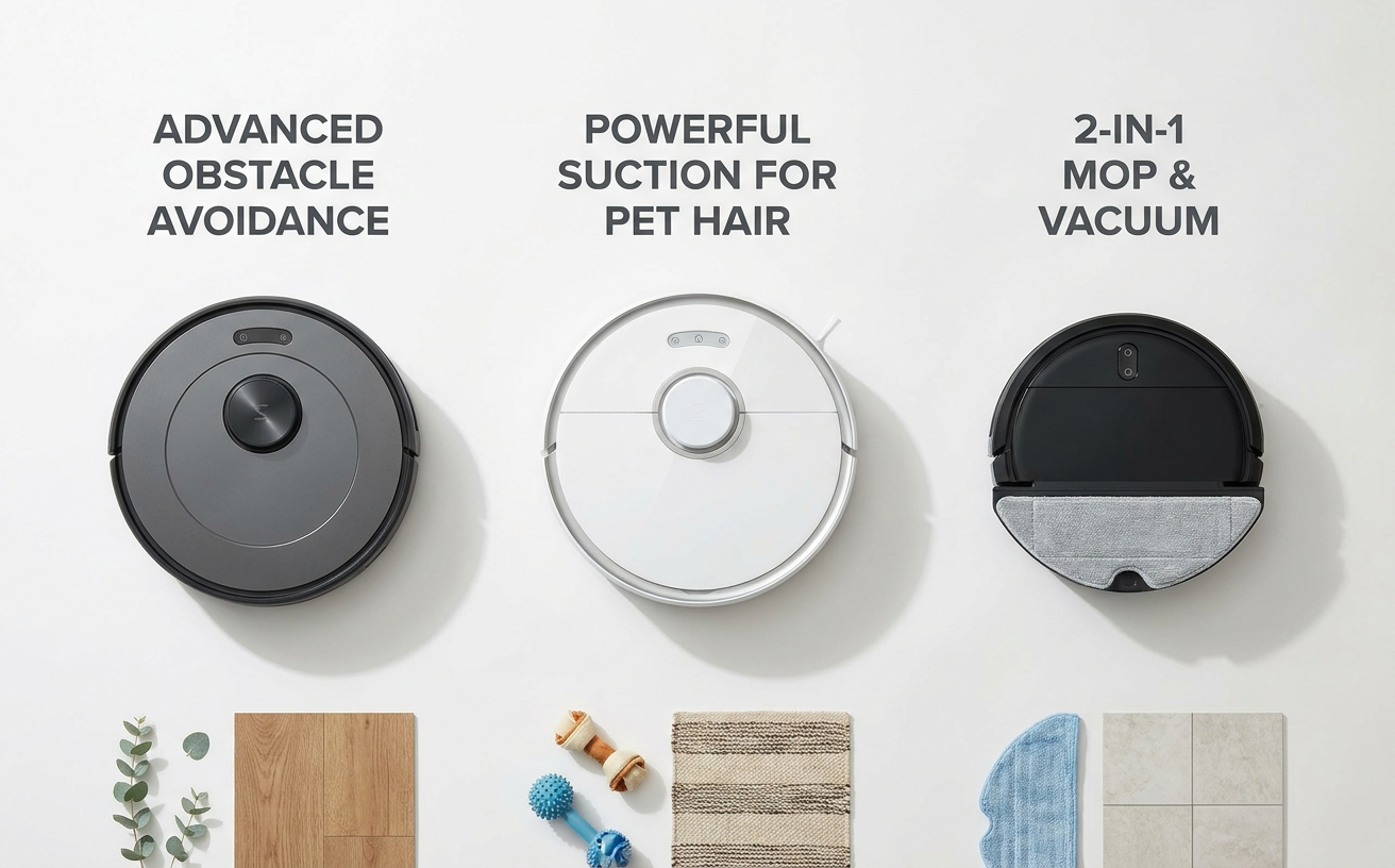 Featuring various automatic vacuum cleaners, showcasing advanced features for effective home cleaning solutions.
