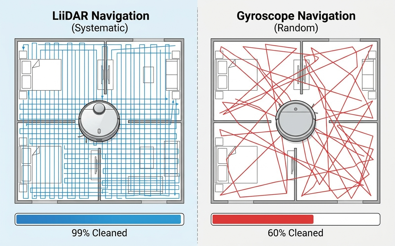 Comparison of robot vacuum cleaners in Australia: LiiDAR Navigation (99% cleaned) vs. Gyroscope Navigation (60% cleaned).