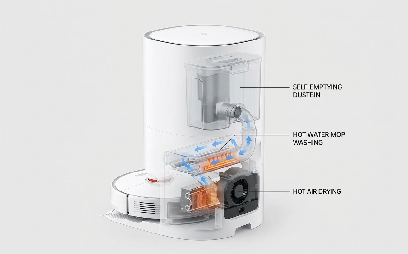 A detailed view of a robot vacuum cleaner featuring self-emptying dustbin, hot water mop washing, and hot air drying, ideal for Australia.