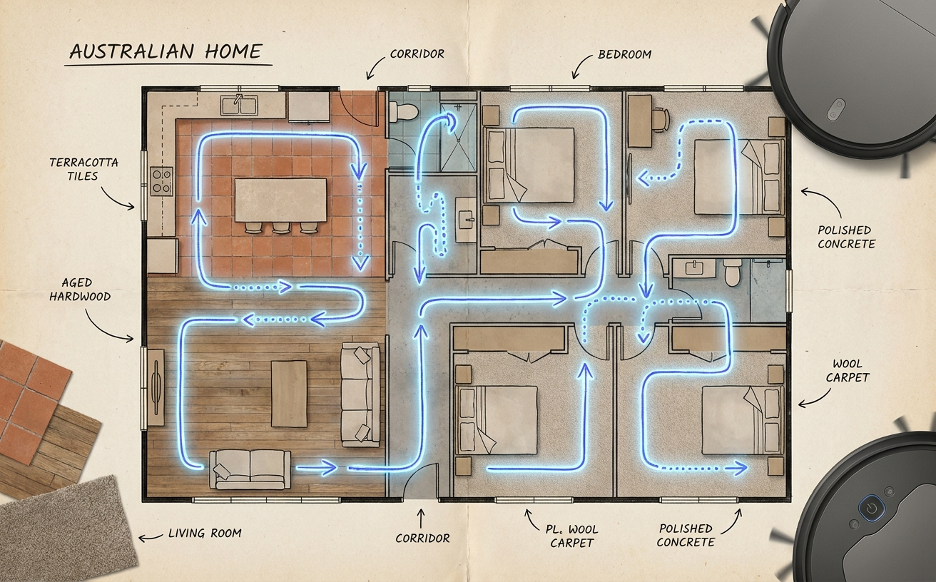 Floor plan of an Australian home showing cleaning paths for robot vacuum cleaners Australia across various surfaces.