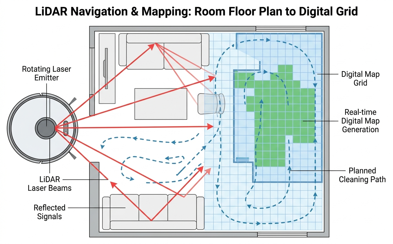LiDAR navigation diagram illustrating the mapping process for robot vacuum cleaners in Australia, showcasing cleaning paths and grid formation.