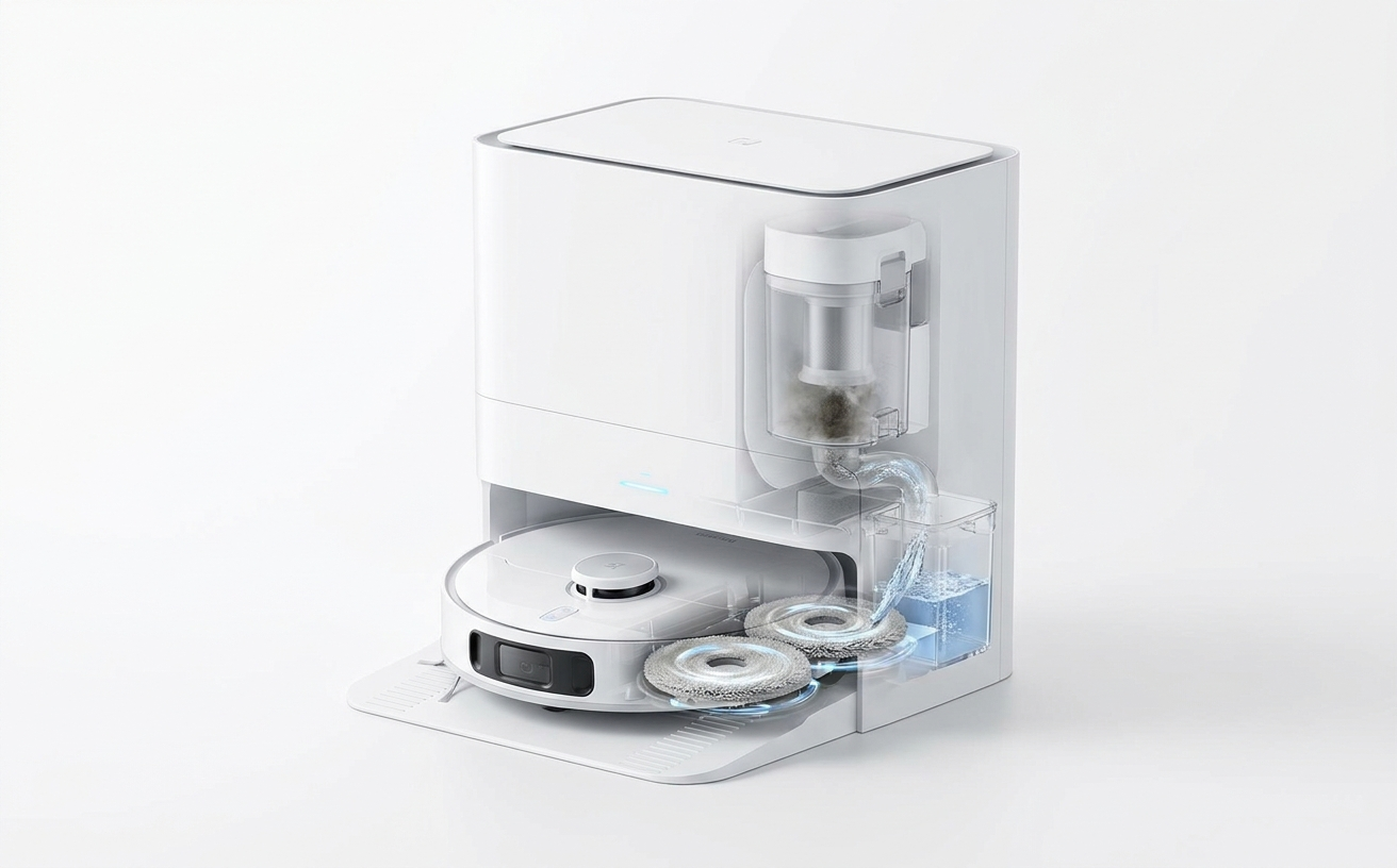 A sleek robovac with an open design, showcasing its internal cleaning mechanism, water filtration system, and dirt collection.