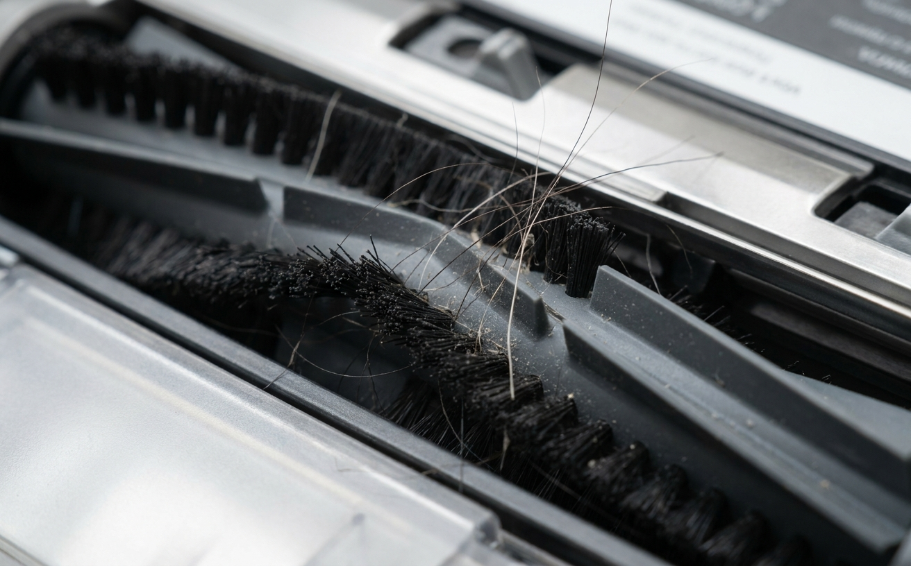 Close-up of a robovac brush roller showing tangled hair and debris, indicating the need for maintenance and cleaning.