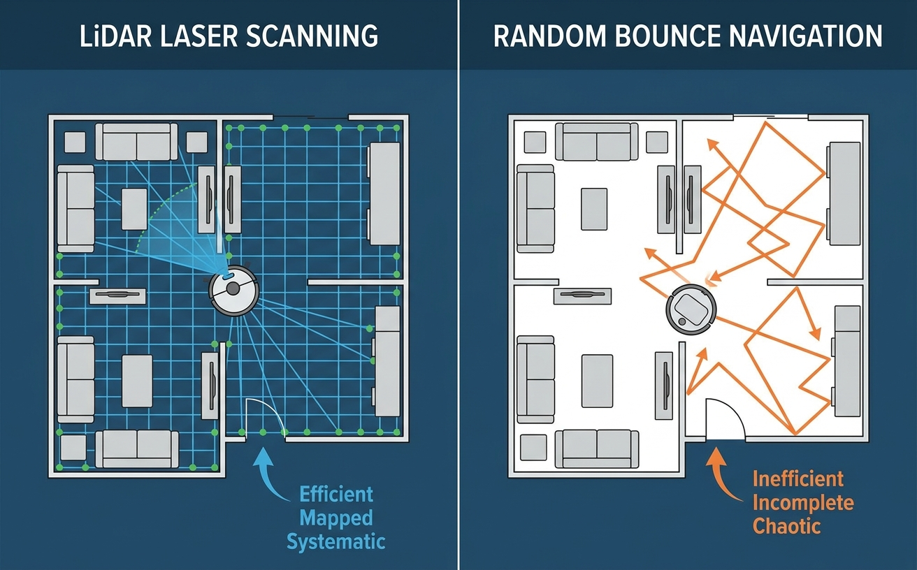 Comparison of LiDAR laser scanning and random bounce navigation methods in robotic vacuums, highlighting efficiency differences.