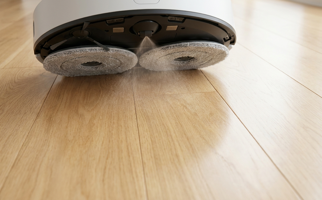 A robot vacuum cleaning wooden floors, showcasing the dual mop pads and steam spray in action for effective cleaning. Robot vacuums reviews.