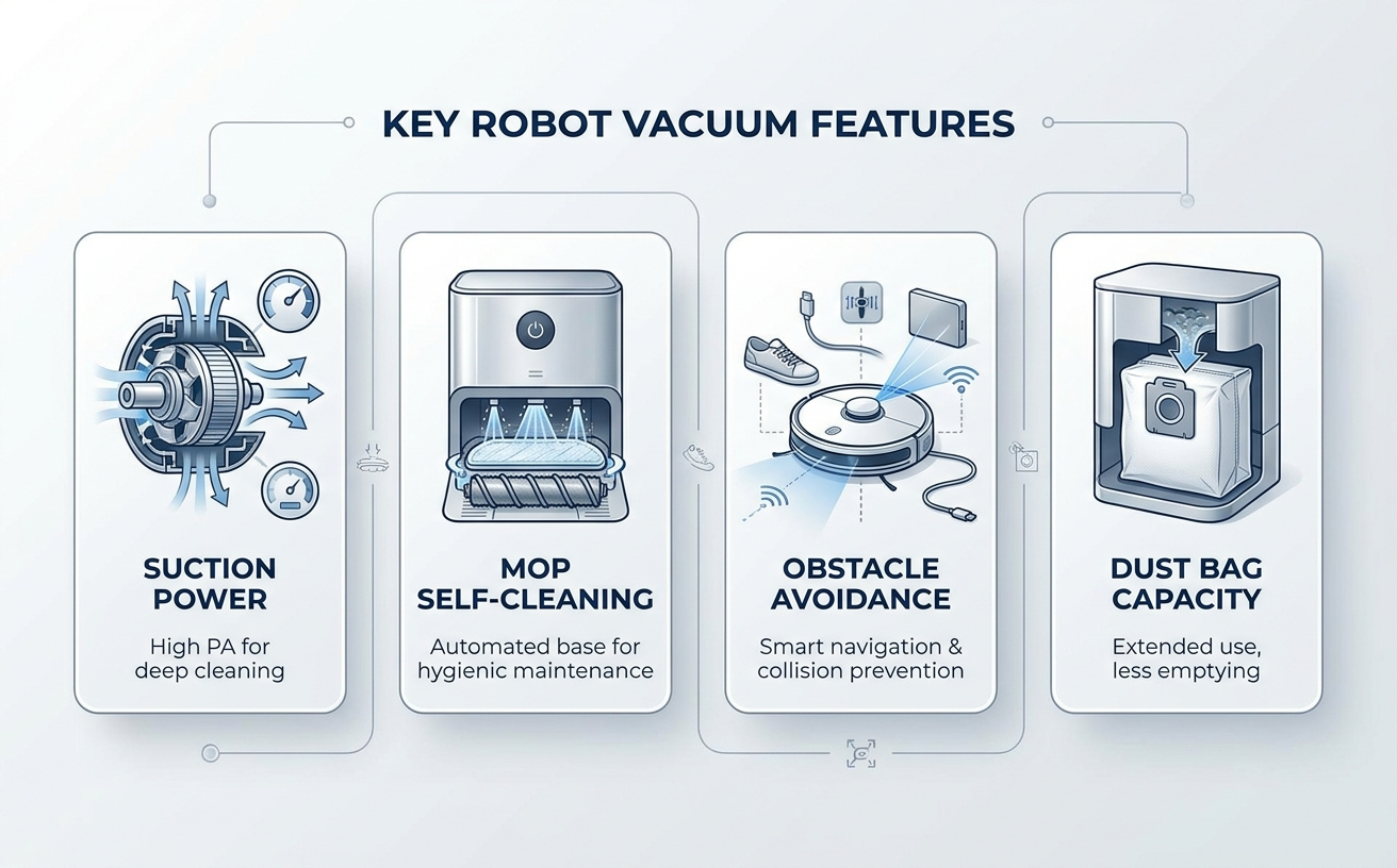 An infographic showcasing key robot vacuum features: suction power, self-cleaning mop, obstacle avoidance, and dust bag capacity, perfect for robot vacuums reviews.