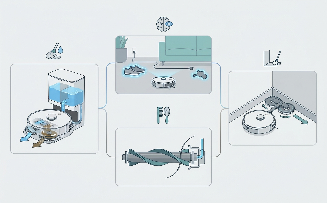 Illustration showing the features of a robot vacuum, highlighting cleaning, navigation, and maintenance processes for robot vacuums reviews.