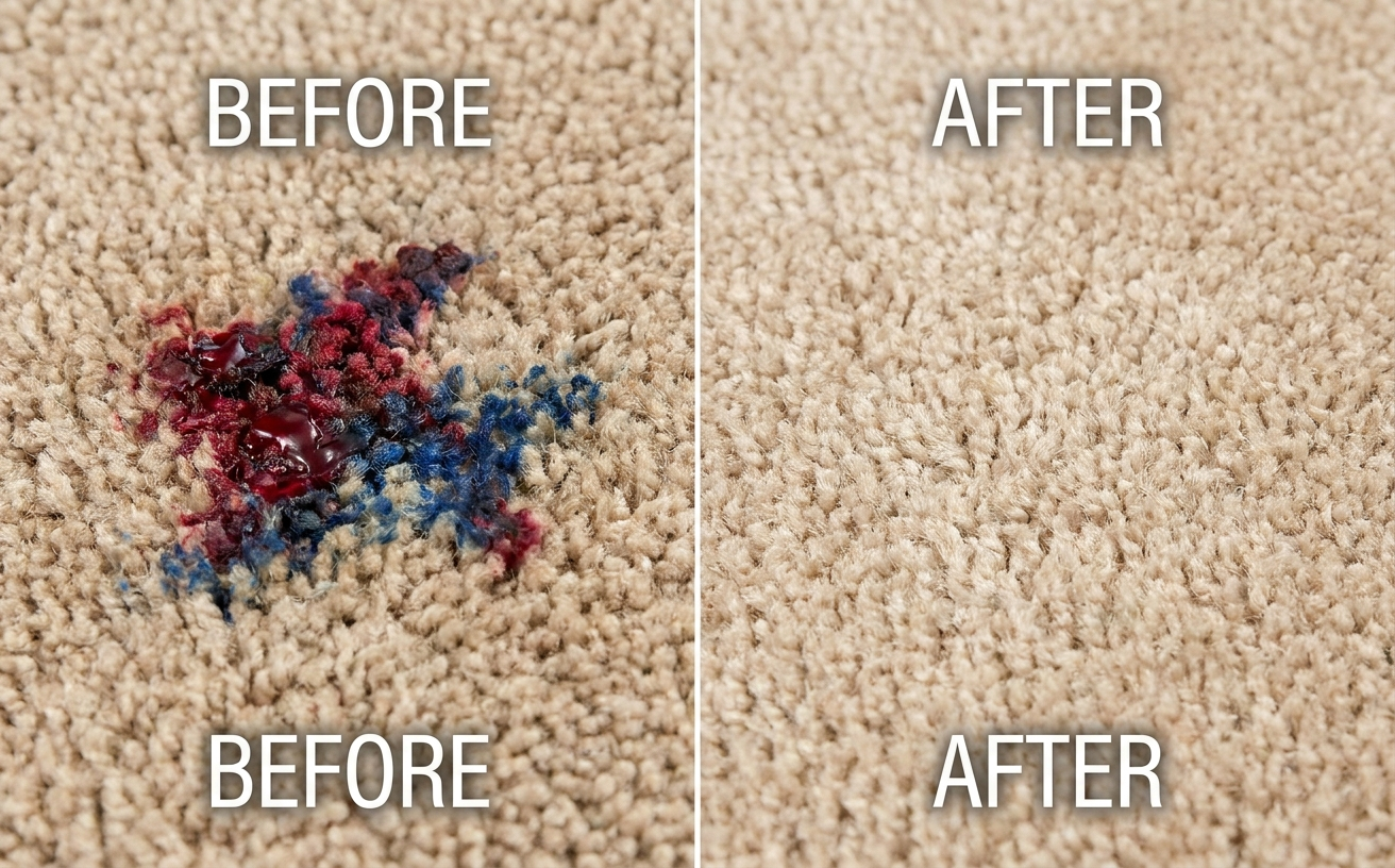 Before and after images showing how to get wax out of carpet effectively, revealing a clean surface.