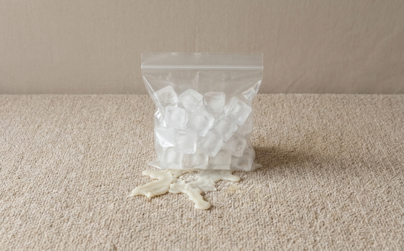 A bag of ice cubes next to spilled wax on a carpet, illustrating how to get wax out of carpet effectively.