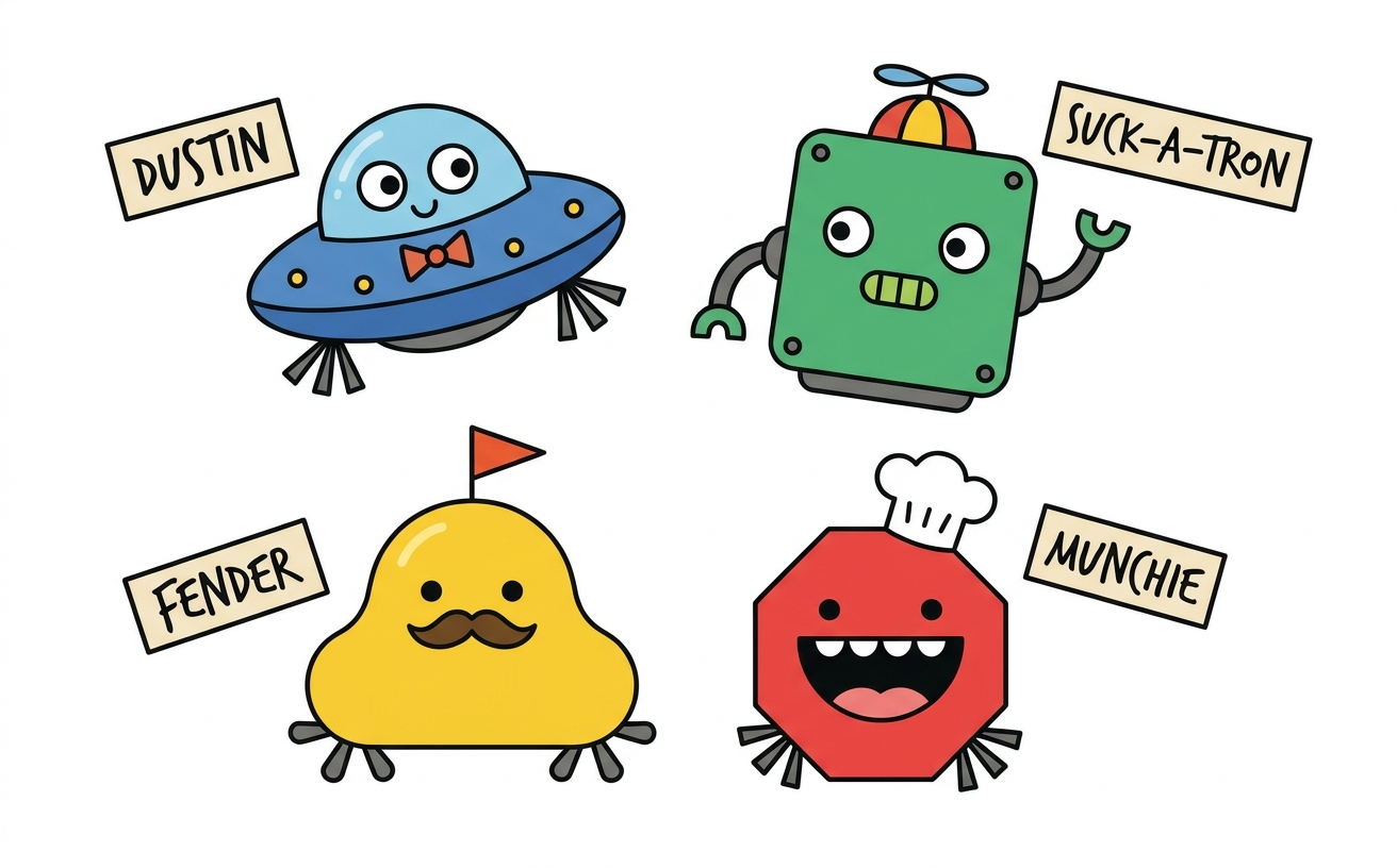 Four cute robot characters, named Dustin, Suck-a-Tron, Fender, and Munchie, designed for a fun robot vacuum theme.