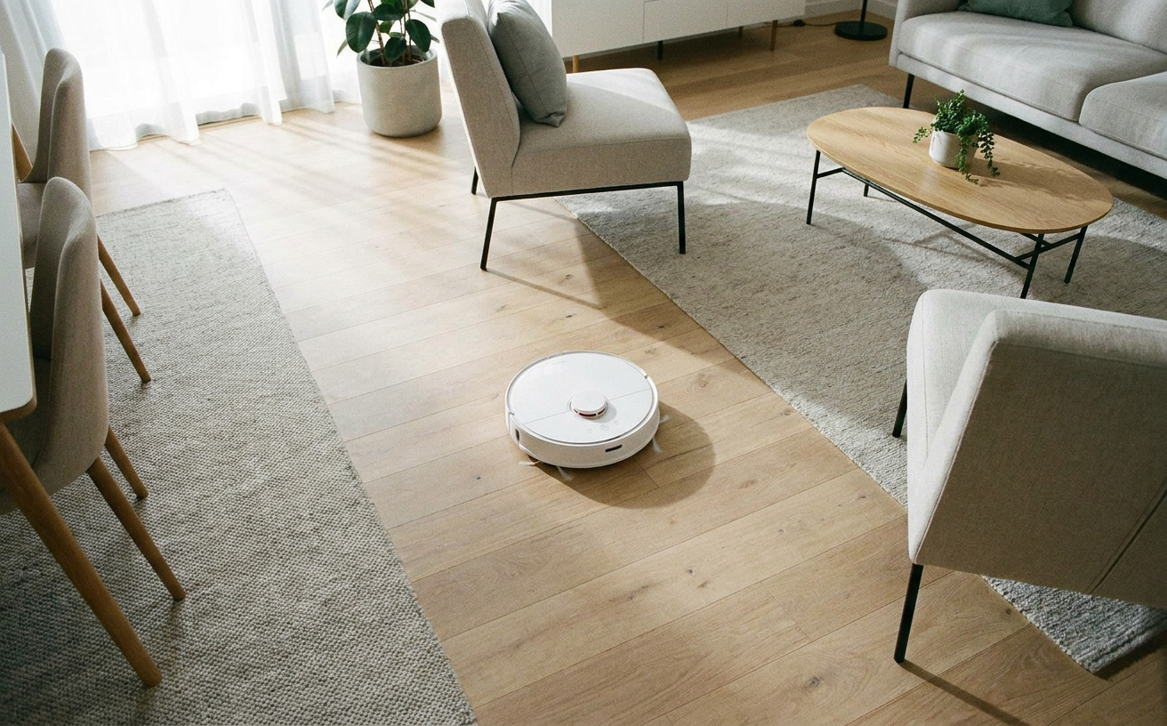 A modern living room featuring a robot vacuum, showcasing sleek design in a clean, stylish setting with furniture.