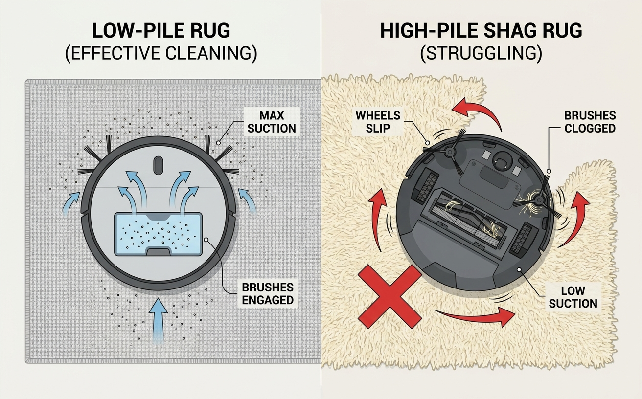 Comparison of vacuum performance on low-pile and high-pile shag rugs, highlighting challenges with automatic carpet cleaning.