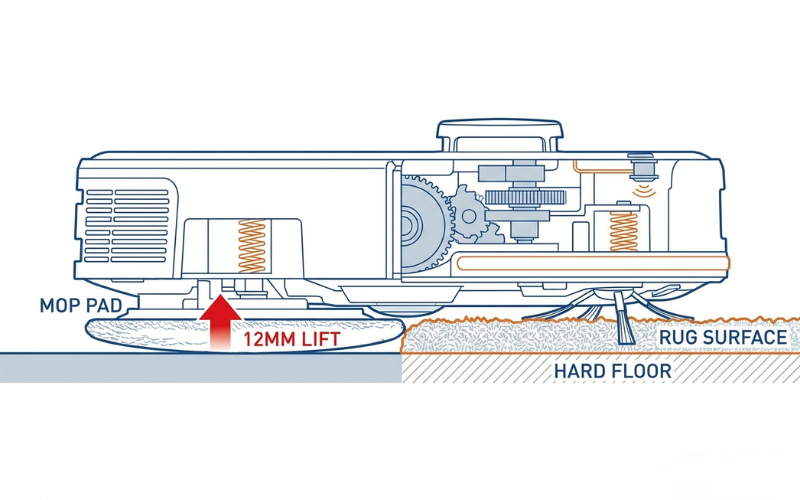 Illustration of an automatic carpet cleaning device demonstrating mop pad lift and its adaptability on different surfaces.