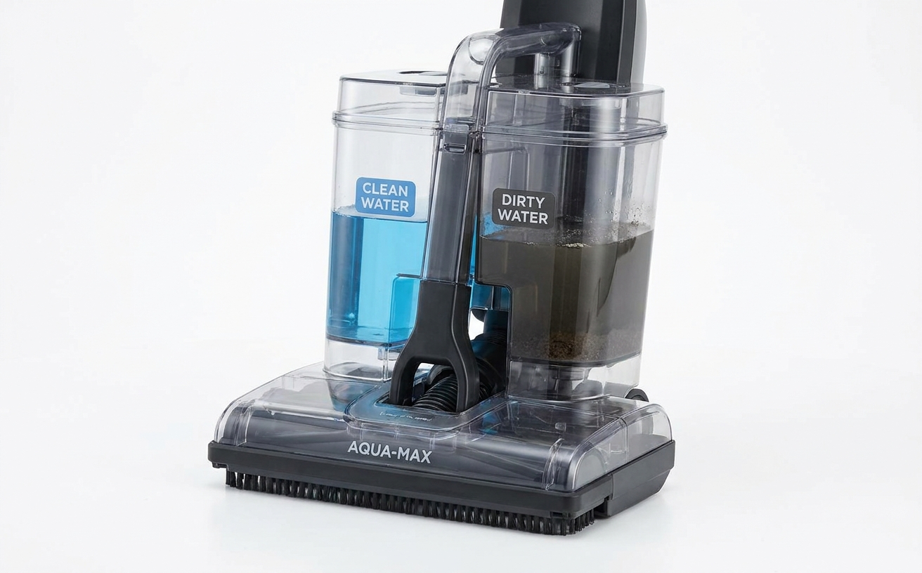 A compact mop vacuum featuring separate tanks for clean and dirty water, ensuring efficient cleaning and easy maintenance.