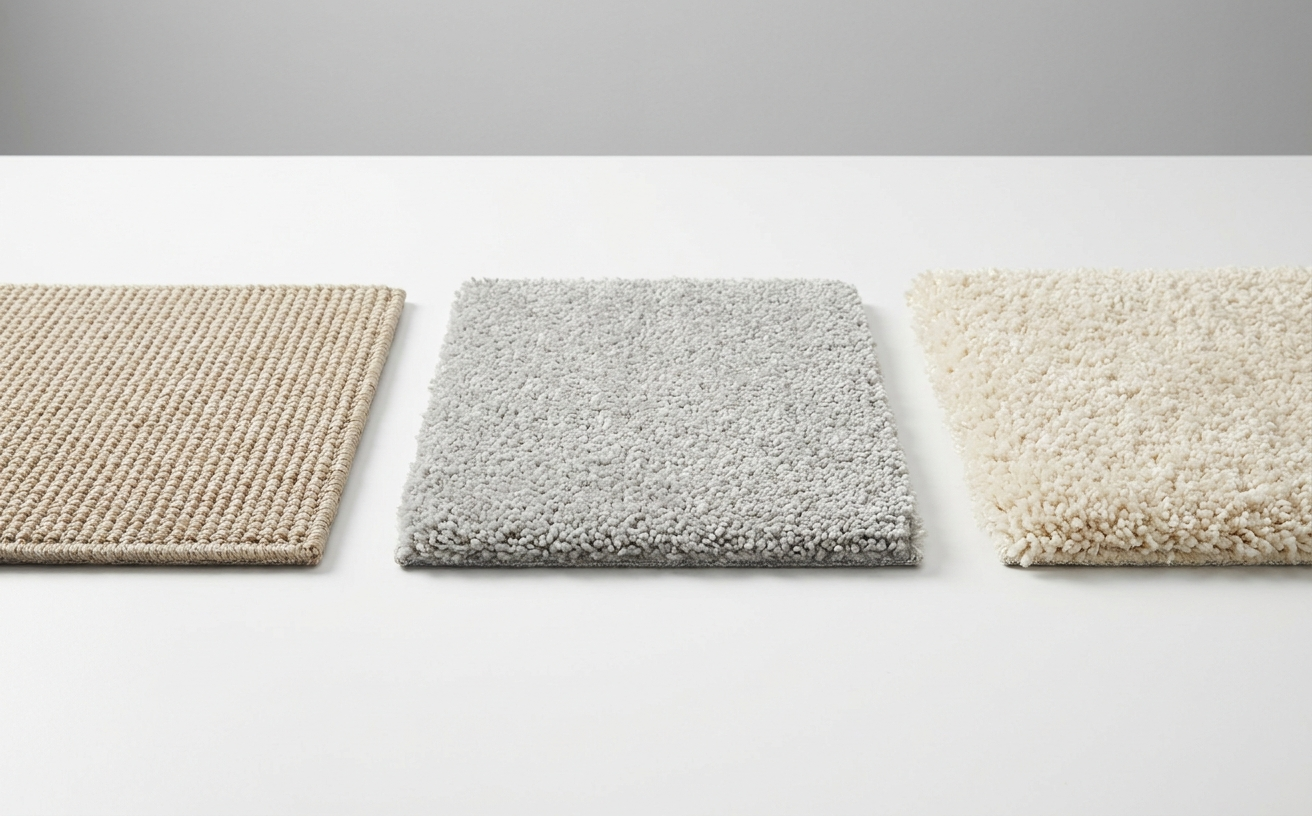 Different styles of carpets displayed, ideal for pairing with a robot vacuum cleaner for carpet cleaning efficiency.