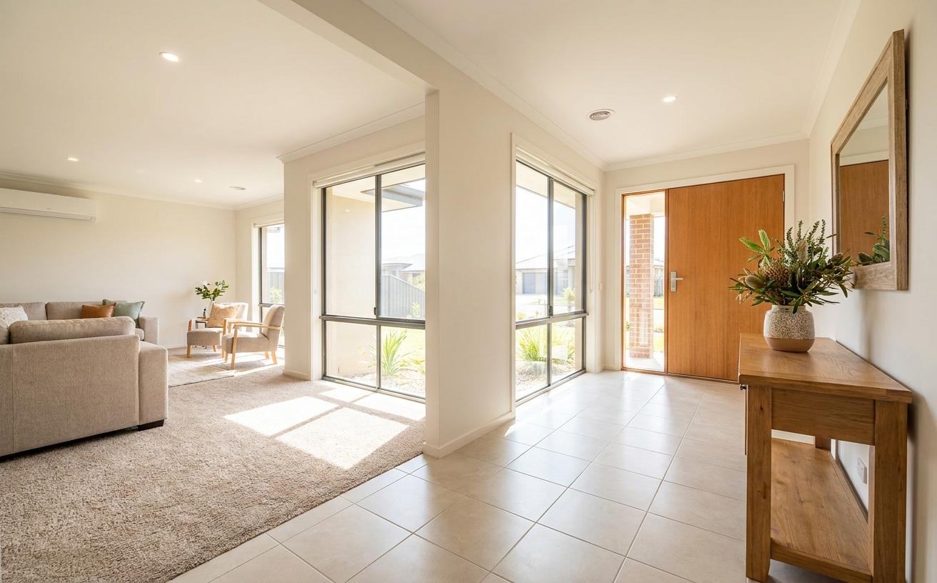 A bright living space with a cozy carpet, perfect for using a robot vacuum cleaner for carpet cleaning.