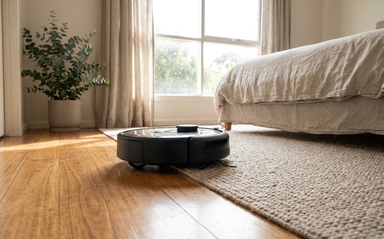 A robot vacuum cleaner for carpet glides effortlessly between hardwood floors and a soft area rug.