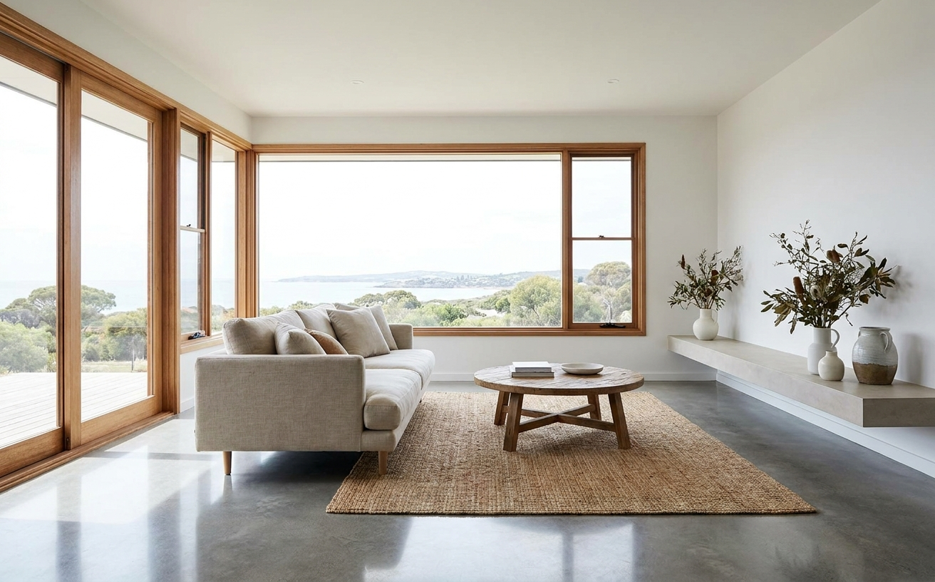 A minimalist living room with large windows, showcasing the view and raising questions about what is dust in such a clean space.