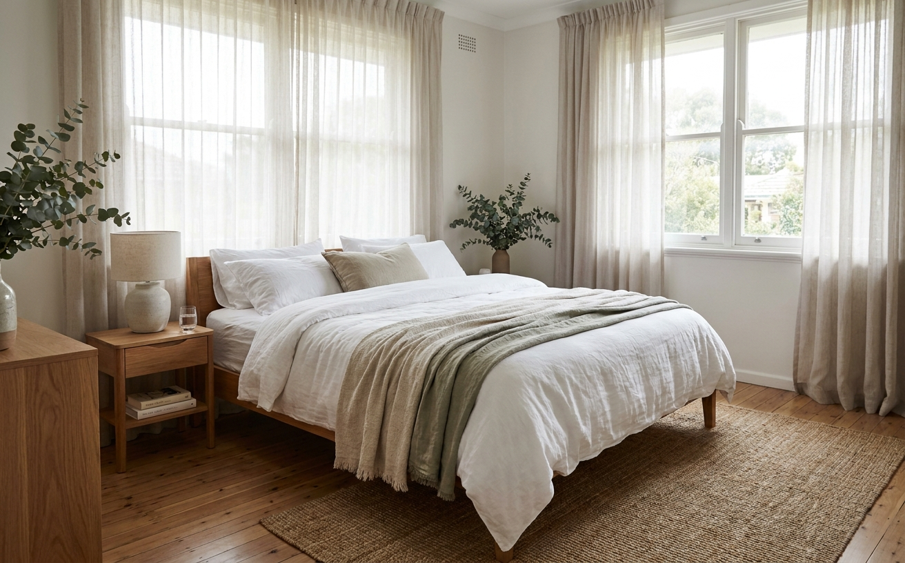 A cozy bedroom with soft linens, a wooden bed, and natural light, highlighting how dust accumulates in tranquil spaces.