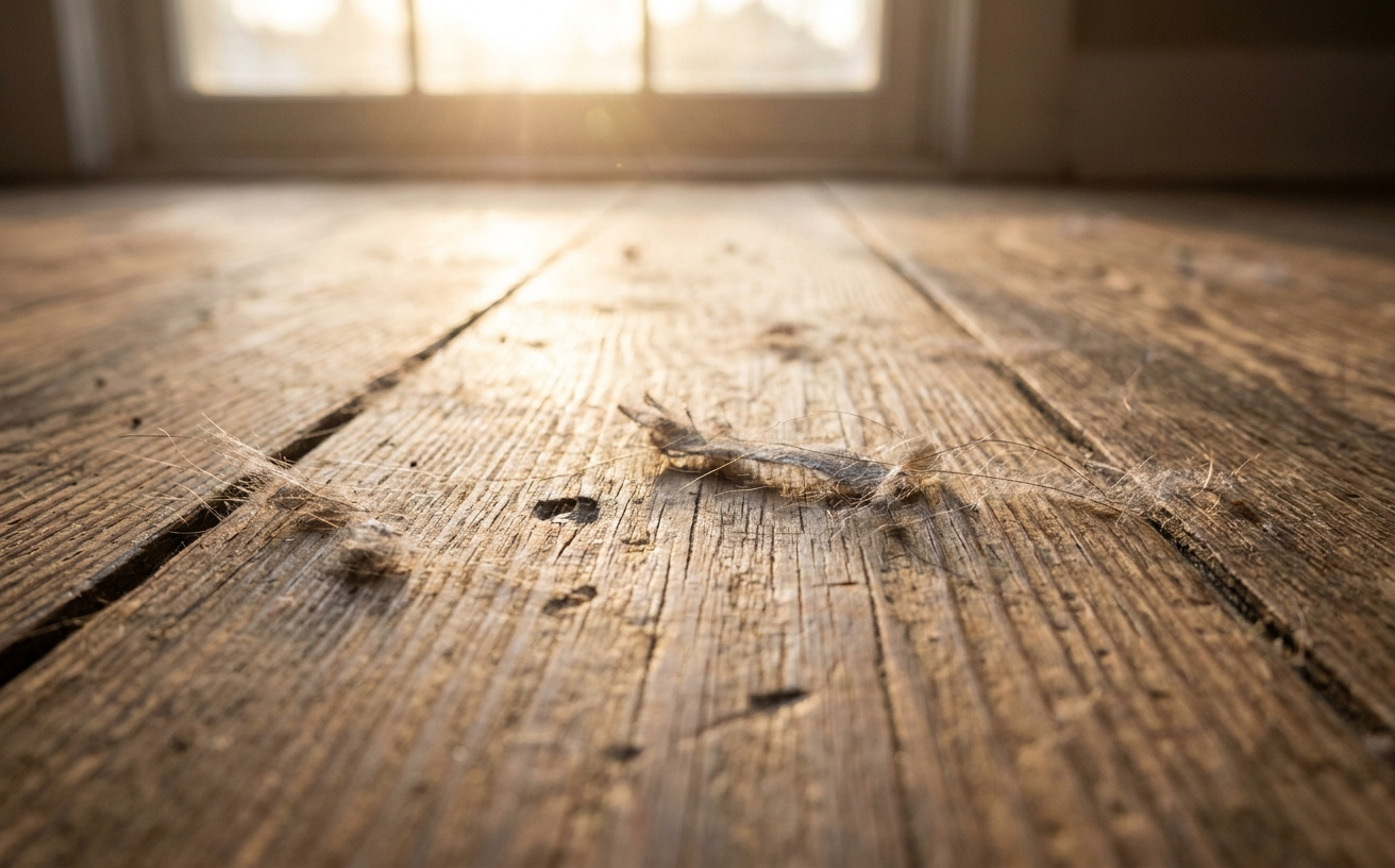Dust particles scatter across a wooden floor, highlighting the question of what is dust in everyday environments.