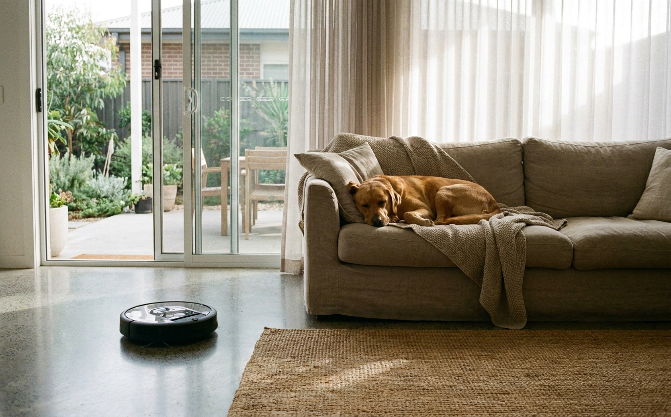A cozy living room scene with a dog resting on a couch near the best robot vacuum for pet hair on the floor.