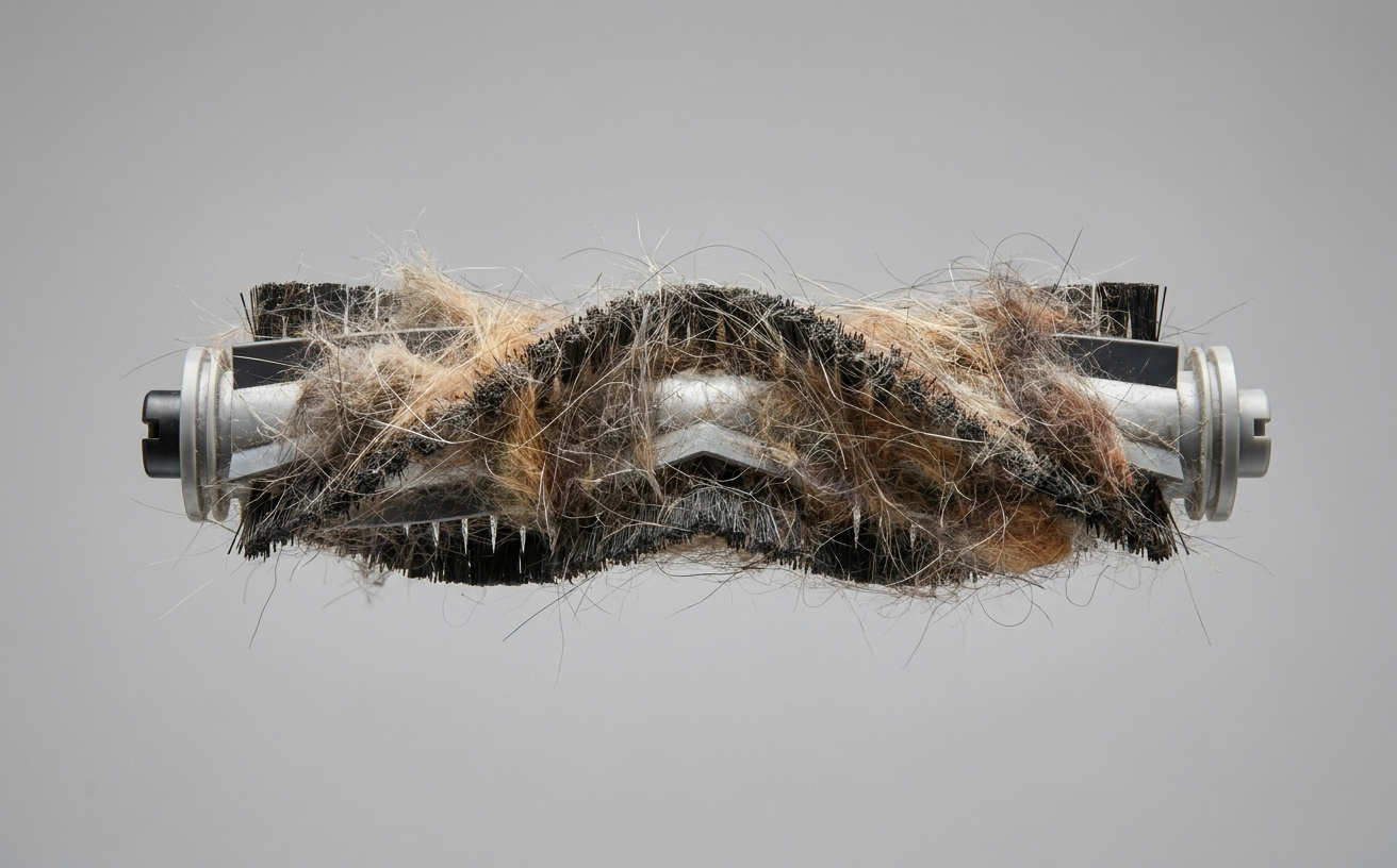 A close-up of a robot vacuum's brush roll, heavily coated with pet hair, showcasing the best robot vacuum for pet hair.